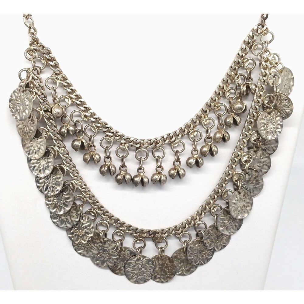 Silver Tone Belly Dance Necklace Coin Discs Ghungroo Bell Charms Boho Vintage